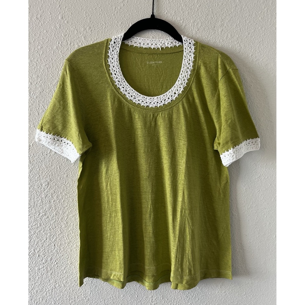 Eileen Fisher Women's T-Shirt Size Small Chartreuse Linen Crochet Neck/Sleeve